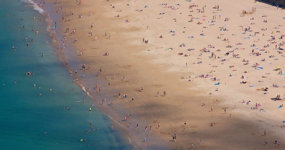 Aerial view of a long sandy beach with crowds packed near the water and only a few people scattered across the rest of the sand