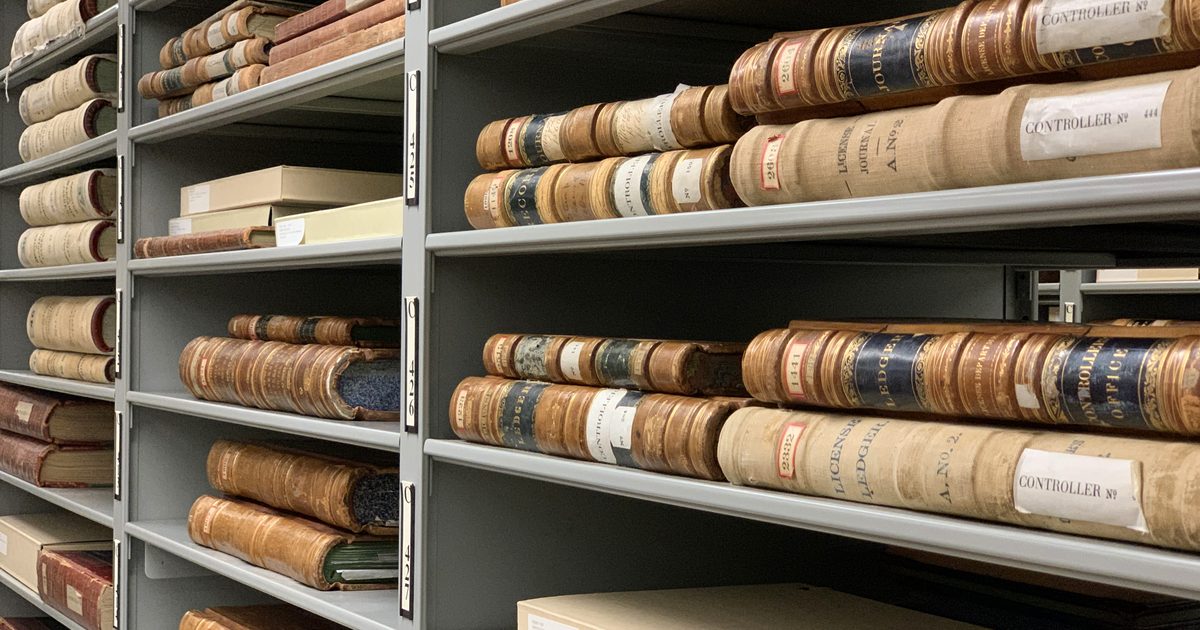 Grey archive shelves holding rows of old leather-bound ledgers lying on their sides, with labelled spines and paper tags