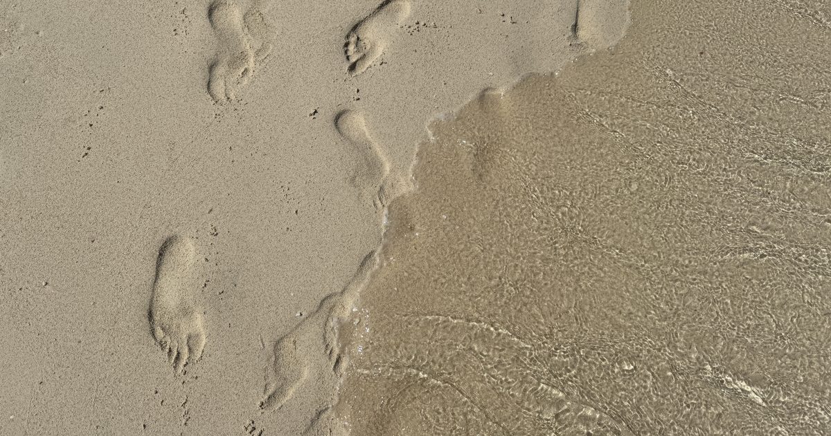 Bare footprints pressed into wet sand at the edge of the sea, with a thin sheet of water washing over the newest prints