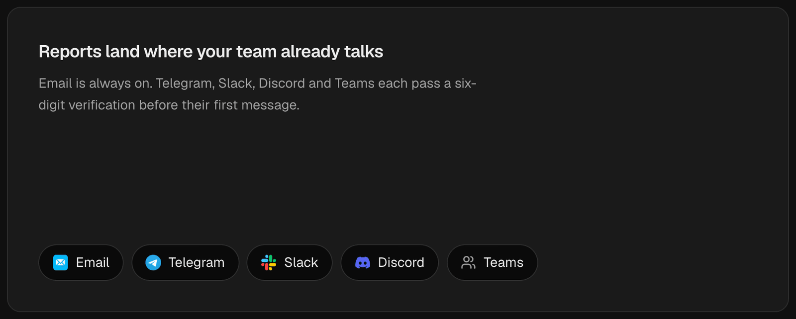 Extenify delivery channels shown as buttons: Email, Telegram, Slack, Discord and Teams