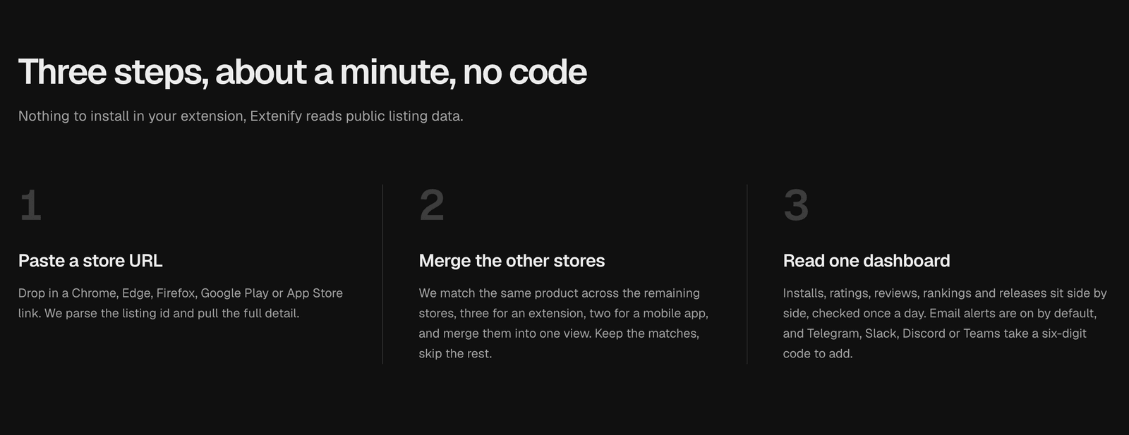 Extenify setup in three steps: paste a store URL, merge the other stores, read one dashboard